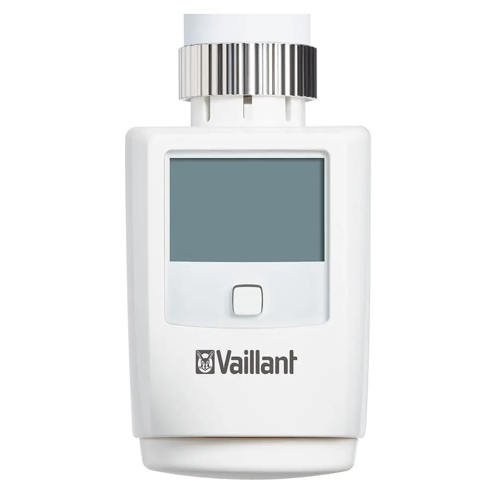 Thermostatventil von Vaillant, in weißer Ausführung, mit digitalem Display und Bedienknopf, für Heizungsanwendungen konzipiert.